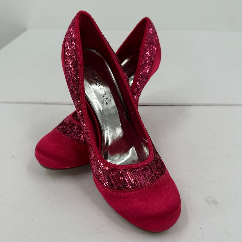 Diva Lounge Womens Pink Sequin and Satin Round‎ Toe Heels Size 7